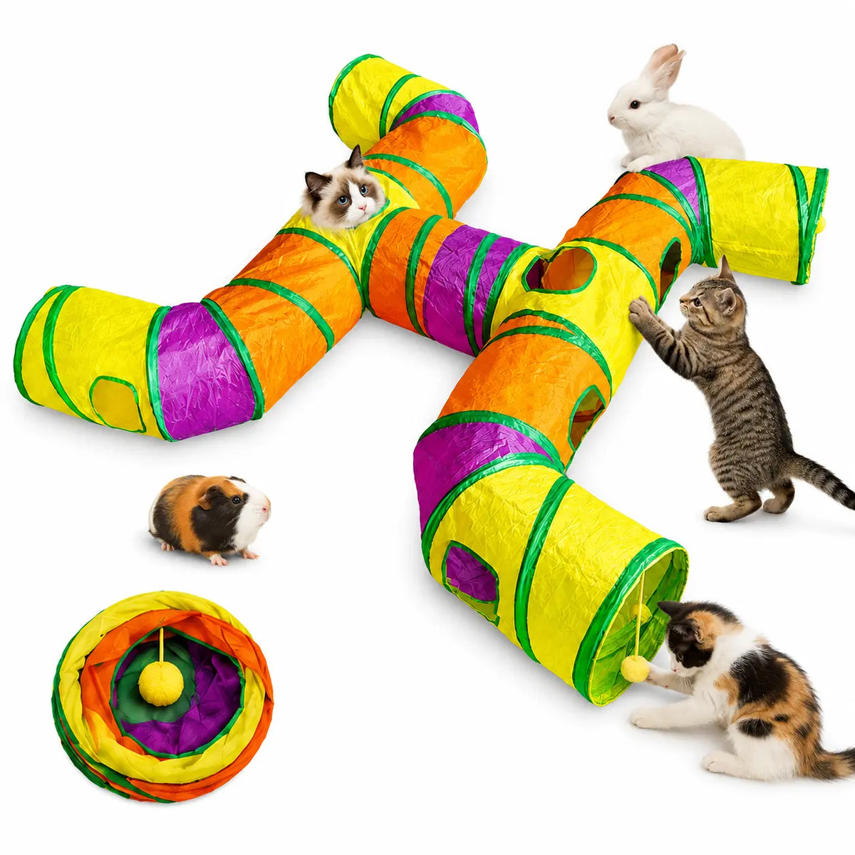 14-Way Cat Tunnel for Indoor Cats, Rainbow H-Shape Interactive Play Tunnel with Peek Holes & Ball, Foldable & Collapsible Toy for Cats, Rabbits, Ferrets & Small Pets
