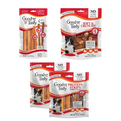 Good 'N' Tasty Protein Dog Treat Variety Pack – 4 Bag Bundle with 2 Protein Strips, Soft & Crunchy & Snap 'Ems